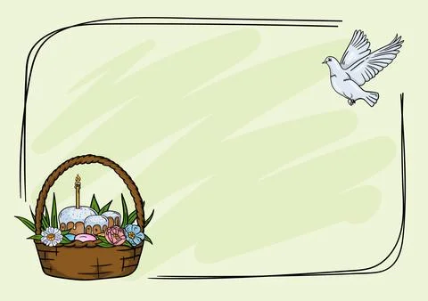 Easter frame with basket, Easter cakes and dove Stock Illustration