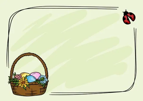 Easter frame, basket, eggs, flowers and ladybug Stock Illustration