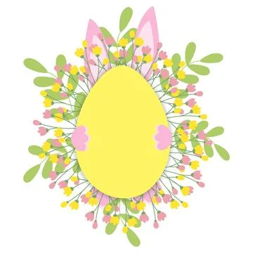 Easter frame border with twigs, flowers and bunny ears, paws behind Isolated on Stock Illustration