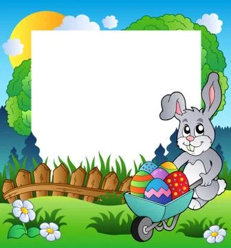 Easter frame with bunny and barrow Stock Illustration