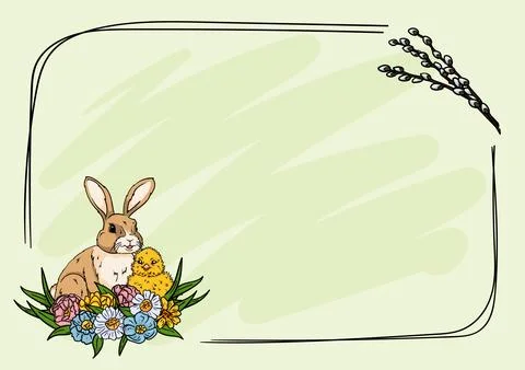 Easter frame, chicken, bunny, willow and flowers Stock Illustration