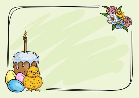 Easter frame, chicken, Easter cake and flowers Stock Illustration