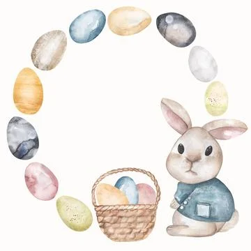 Easter frame with colorful decorated easter eggs and bunny with basket. Han.. Stock Illustration