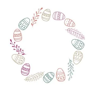Easter Frame with easter eggs and branches. Pastel color Hand drawn wreath with Stock Illustration