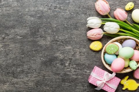 Easter frame with eggs, gift box and tulip on a colored background. The min.. Stock Photos