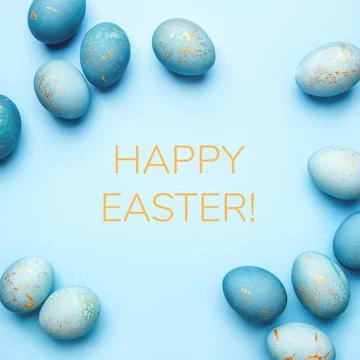 Easter frame of eggs painted in blue color. Stock Photos