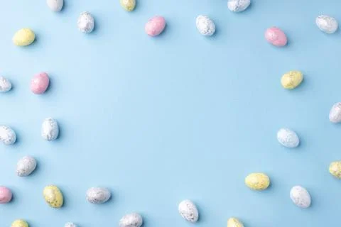 Easter frame of eggs painted in blue color. Stock Photos