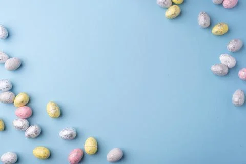Easter frame of eggs painted in blue color. Stock Photos