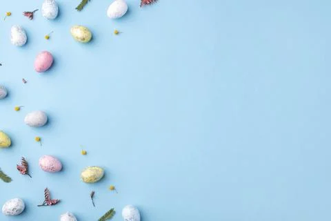 Easter frame of eggs painted in blue color. Stock Photos