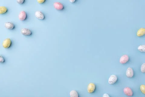 Easter frame of eggs painted in blue color. Stock Photos