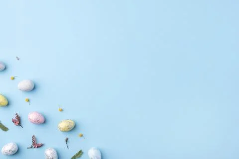 Easter frame of eggs painted in blue color. Stock Photos