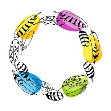 Easter frame. Round frame with Feathers and bright painted eggs. Hand drawn Stock-Illustration