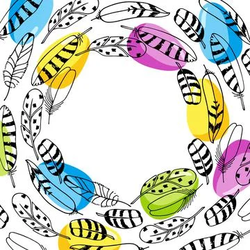 Easter frame. Round frame with Feathers and bright painted eggs. Modern minimal Stock Illustration
