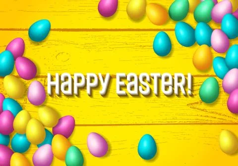 Easter frame with shiny colorful happy eggs spread over wooden background 스톡 일러스트