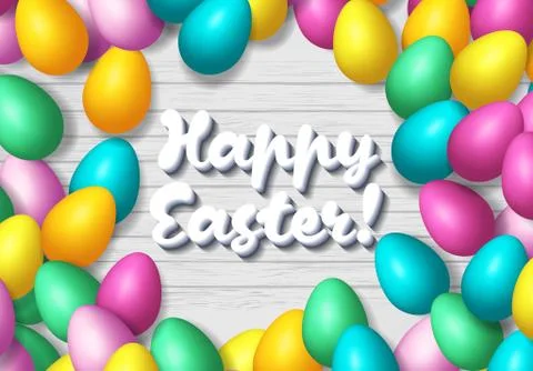 Easter frame with shiny colorful happy eggs spread over wooden background Ilustração Stock