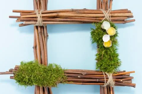 Easter frame with two raw quail eggs and empty blue field Stock Photos