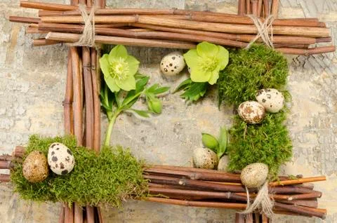Easter frame with vintage background and seven boiled quail eggs plus two hel Stock Photos