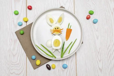 Easter funny creative healthy breakfast lunch food idea for kids, children... Stock Photos