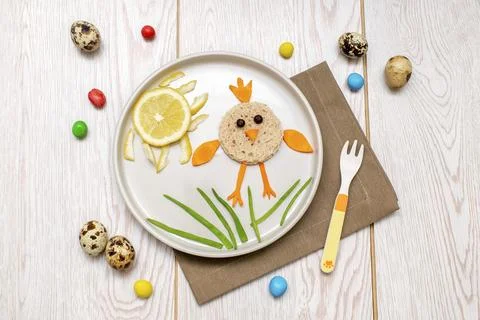 Easter funny creative healthy breakfast lunch food idea for kids, children. c Stock Photos