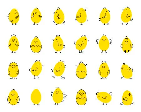 Easter funny cute chickens, flat vector illustration on white isolated backgr Stock Illustration