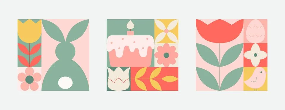 Easter geometric blocks with bunny, easter cake, flowers, tulips for cards イラスト素材