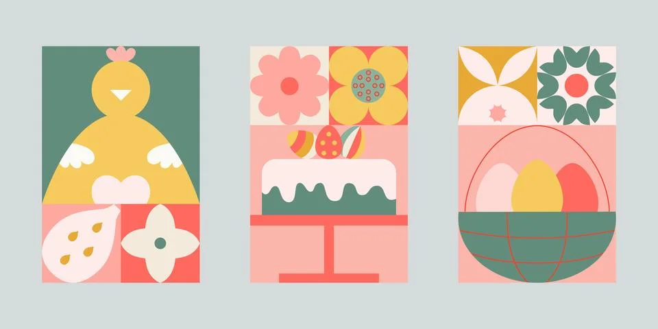 Easter geometric card set with simple bunny, eggs, chick, easter basket, flowers イラスト素材