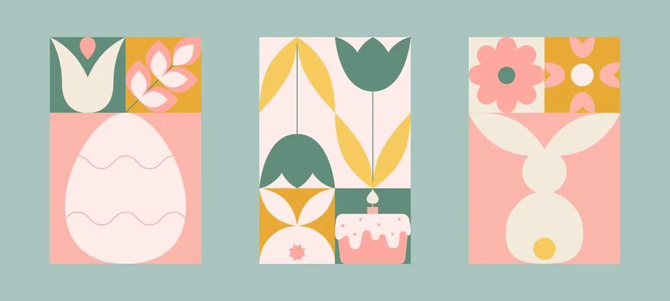 Easter geometric card set with simple bunny, egg, tulips, easter cake, flowers Illustrazione stock