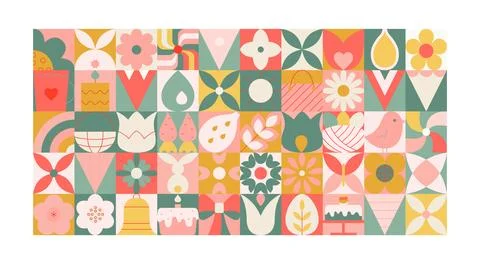 Easter geometric square bright flat banner with bunny, eggs, plants, flowers Stock Illustration
