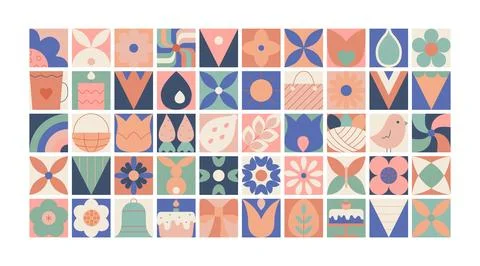 Easter geometric square flat icons with bunny, eggs, plants, flowers, cabdle Stock Illustration