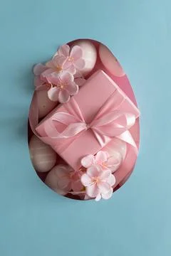 Easter Gift Box with Decorated Eggs and Blossoms in Heart Cutout. Festive S.. Stock Photos