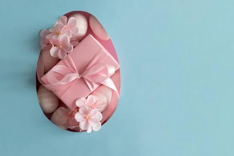 Easter Gift Box with Decorated Eggs and Blossoms in Heart Cutout. Festive S.. Stock Photos
