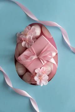 Easter Gift Box with Decorated Eggs and Blossoms in Heart Cutout. Festive S.. Stock Photos