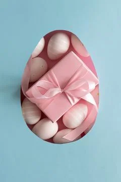 Easter Gift Box with Decorated Eggs in Heart Cutout. Festive Spring Flatlay.. Stock Photos