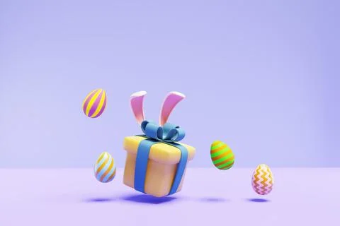 Easter. Gift box with rabbit ears and colorful eggs on a lilac background. 스톡 일러스트