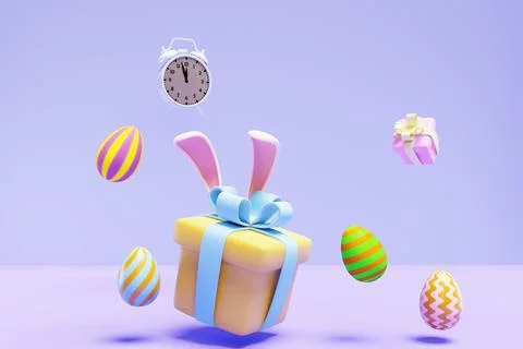 Easter. Gift box with rabbit ears alarm clock painted with eggs Illustrazione stock