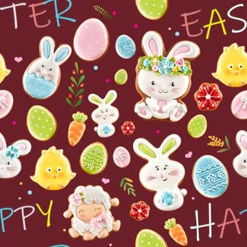 Easter ginger cookies on dark red background. Stock Illustration