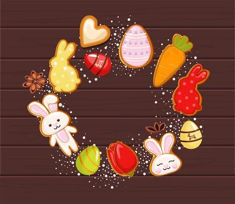 Easter gingerbread cookies in a circle, Easter holiday, colored eggs. On a ba Stock Illustration