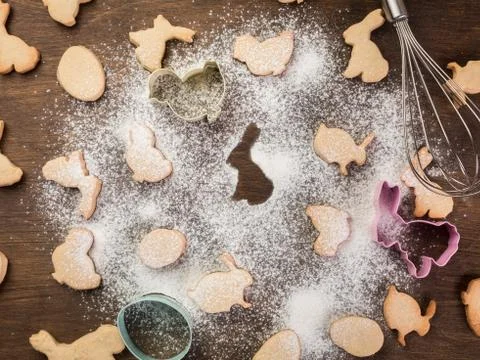 Easter gingerbread cookies. Eggs and rabbits. Top view. Stock Photos