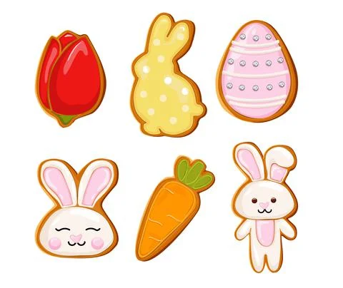 Easter gingerbread cookies icon, Easter holiday, colored eggs, carrot and bun Stock Illustration