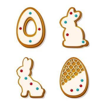 Easter gingerbread cookies in the shape of eggs and rabbits in cartoon style Stock Illustration