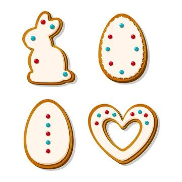 Easter gingerbread cookies in the shape of eggs heart and rabbits in cartoon Illustrazione stock