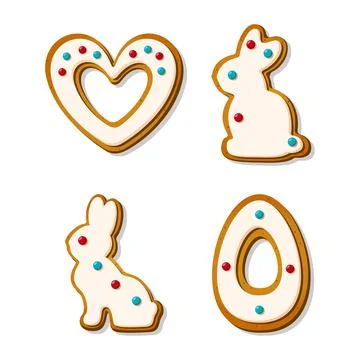 Easter gingerbread cookies in the shape of eggs heart and rabbits in cartoon Stock Illustration