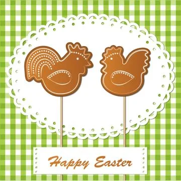 Easter gingerbread cookies on spring background, chickens Stock Illustration