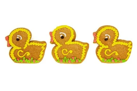 Easter gingerbread ducks isolated on white Stock Photos