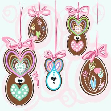 Easter gingerbread eggs and rabbits with ribbons for decoration Illustrazione stock