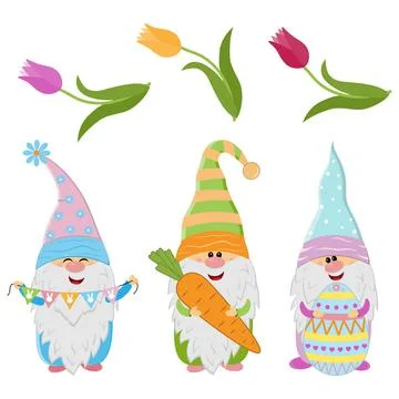Easter gnomes and spring flowers tulips, cute character, vector illustration Stock Illustration