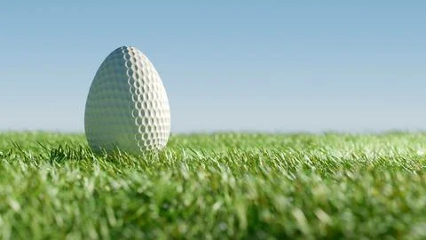 Easter golf ball shaped like an egg on green grass under a clear sky. Stock-Illustration