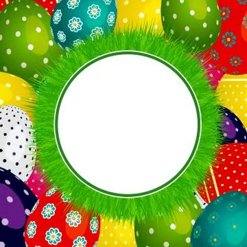 Easter grass circular border on decorated eggs Stock Illustration