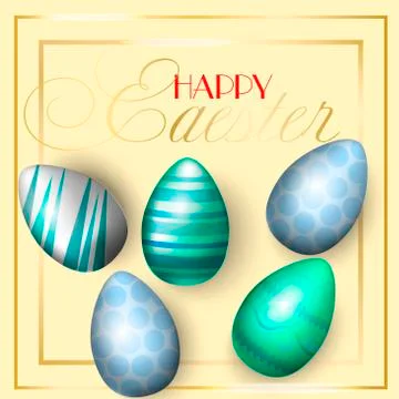 Easter greating cards, realistic Easter eggs on a bright background with bl.. Illustrazione stock