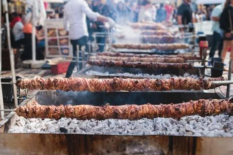 Easter in Greece, process of cooking traditional greek Easter dish - grille.. Foto stock